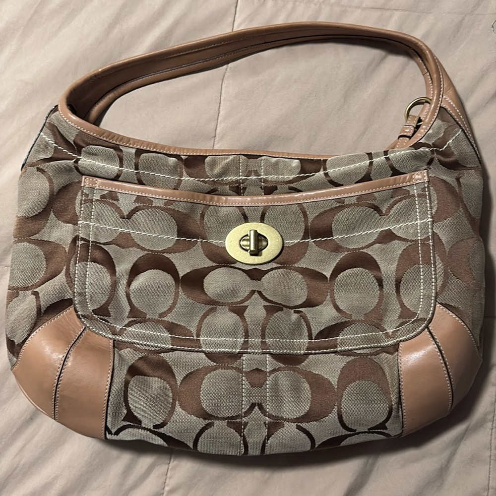 🤎Coach Tan & Taupe large hobo Signature Shoulder Bag #10765P